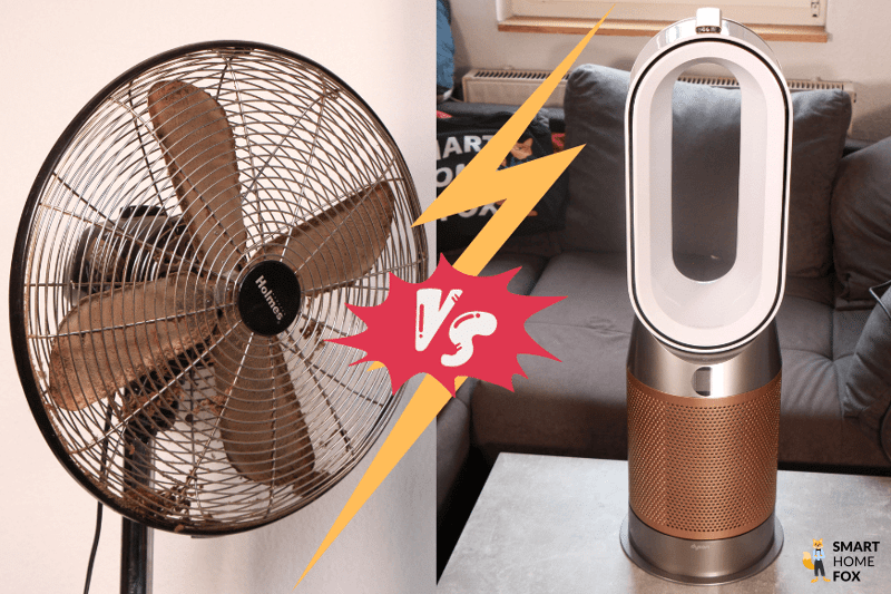 Der Dyson Purifier Hot+Cool Formaldehyde HP09 steht neben einem Standventilator mit Rotorblättern im Vergleich.